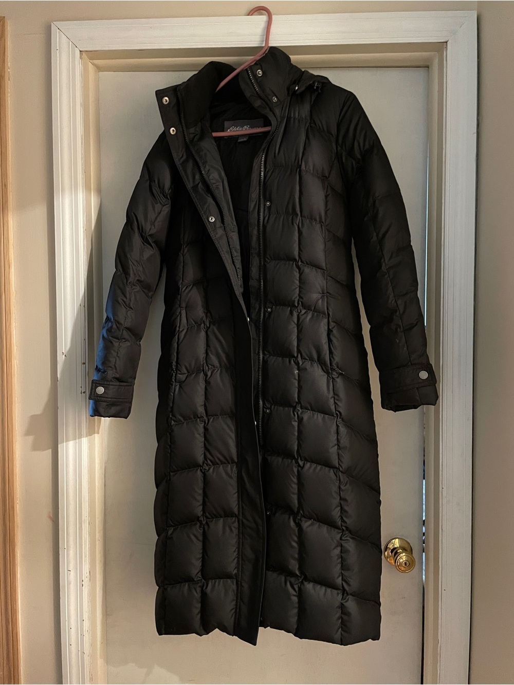 Eddie Bauer Black Long Quilted Down Puffer Coat with Hood